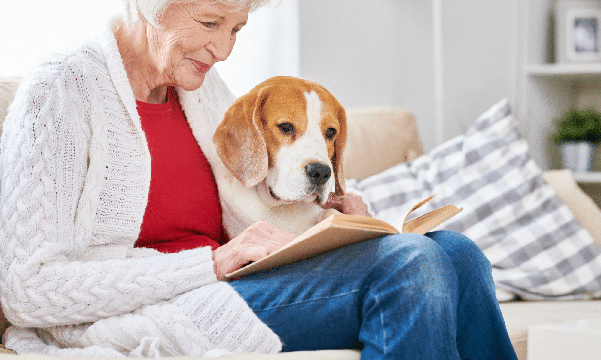 An older woman reading a book with her dog, taking full advantages of the the benefits of reading as you age